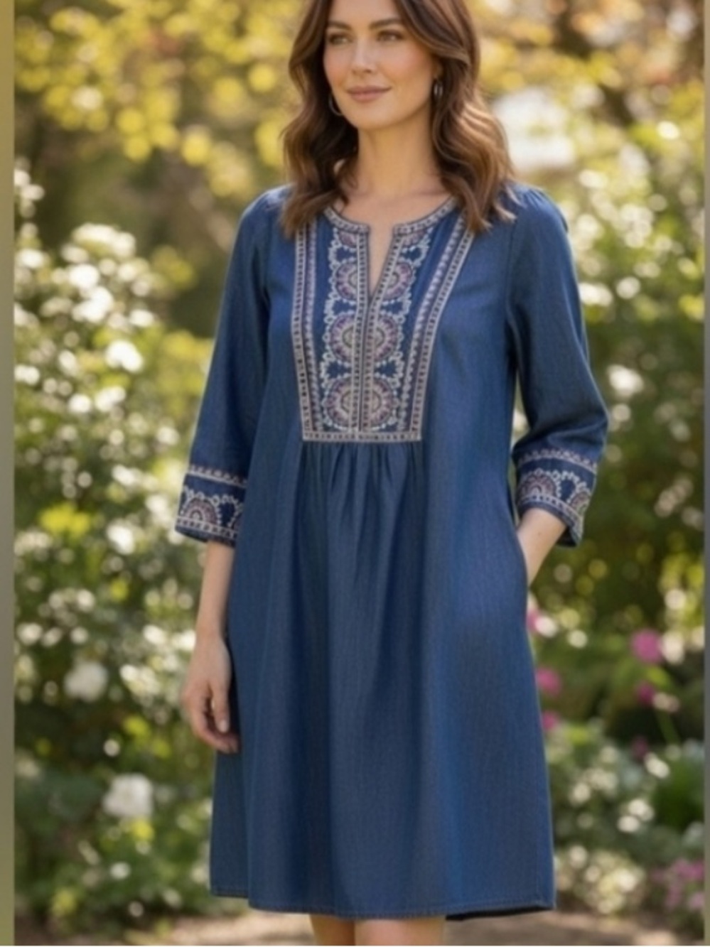 J Jill Embroidered Denim Tunic Dress - Blue with Pink & Cream Accents 2X